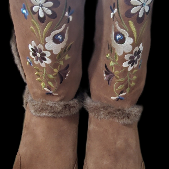 Report Brown Suede Embroidered Fur-Trim Mid-Calf Boots - Picture 2 of 3